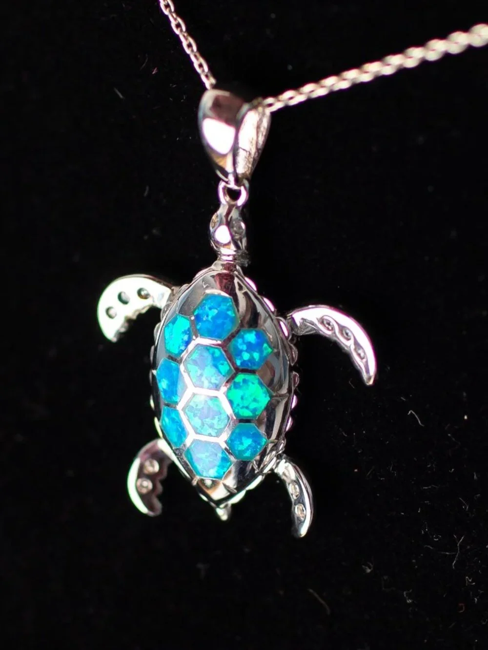 925 Sterling Silver Sea Turtle Necklace Blue Opal Inlay Pendant Ocean Jewelry - Picture 1 of 8